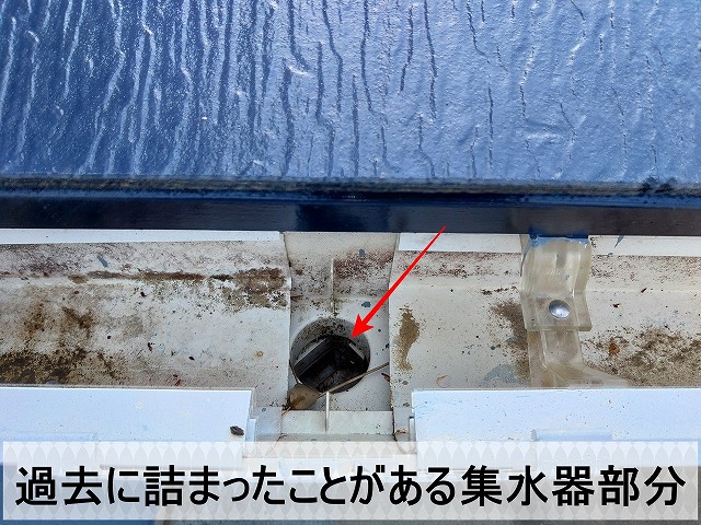 過去に枯葉などが詰まって雨水が流れなくなったことがある集水器部分