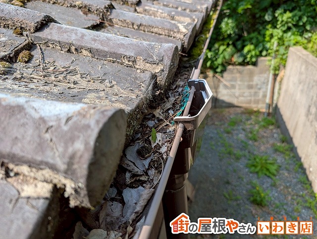 福島県いわき市　長年掃除しなかったことで雨樋に枯葉や土が溜まってしまっている状態