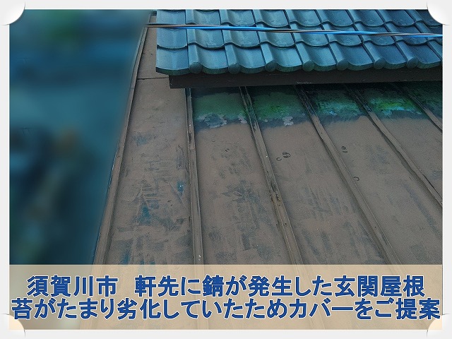 須賀川市にて玄関屋根の調査依頼。軒先部分は錆びており苔だまりが出来ている部分も