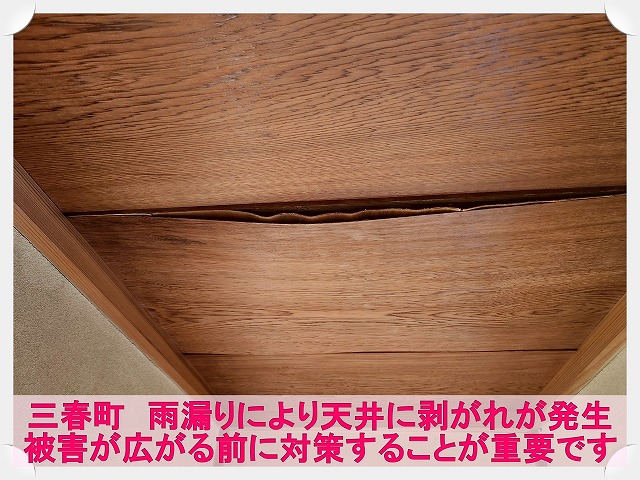 三春町にて雨漏りの調査依頼。雨漏りで天井が剥がれかけている状態