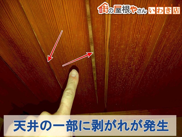 福島県いわき市　雨漏りにより天井の一部が剥がれてきている状態
