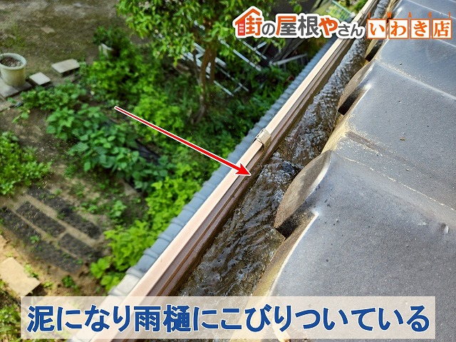 福島県いわき市　雨どいに溜まった土が雨水により泥になってこびりついている状態