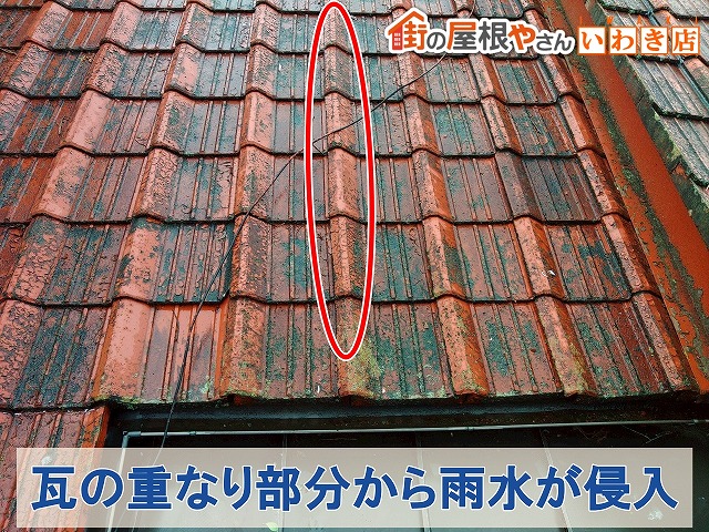 福島県いわき市 瓦の重なり部分から雨水が侵入している状態