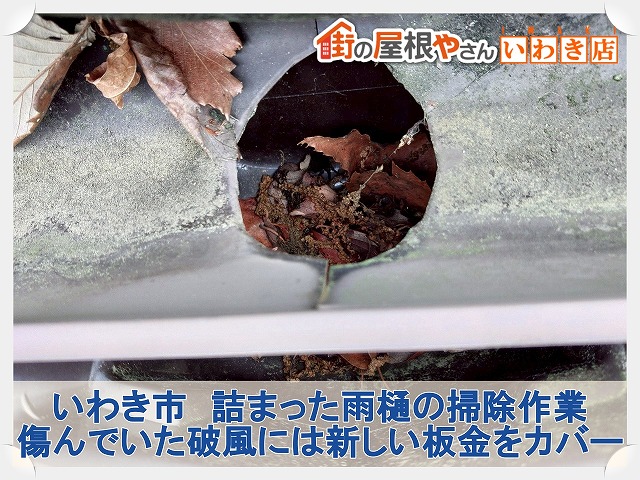 いわき市にて詰まった雨樋の掃除と破風部分に板金を被せるカバー工事を行いました