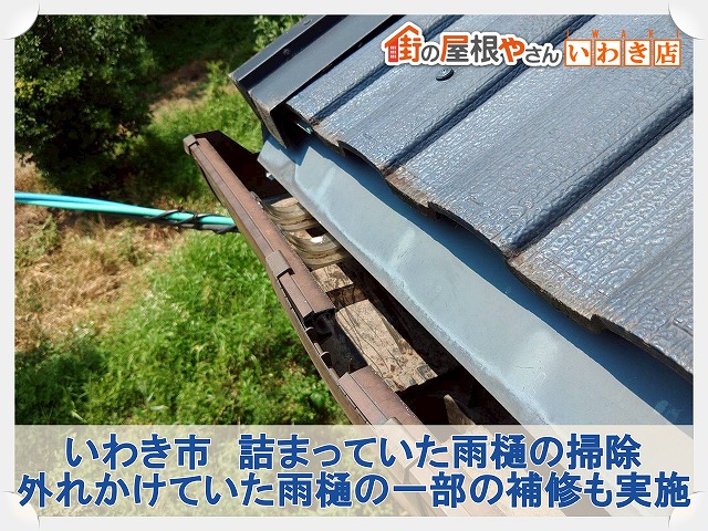 いわき市にて雨樋に溜まった枯葉や土を取り除く雨樋掃除。外れていた雨樋の一部修理も実施