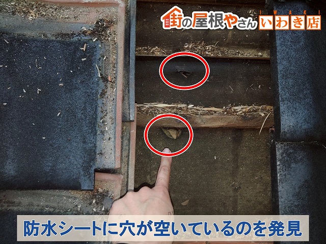 福島県いわき　瓦の下の防水シートに穴が空いているのが雨漏りの原因