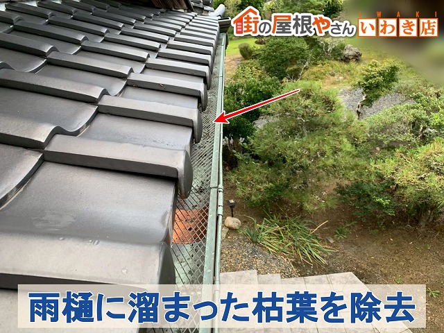 福島県楢葉町　雨樋に溜まっていた枯葉を取り除いた状態