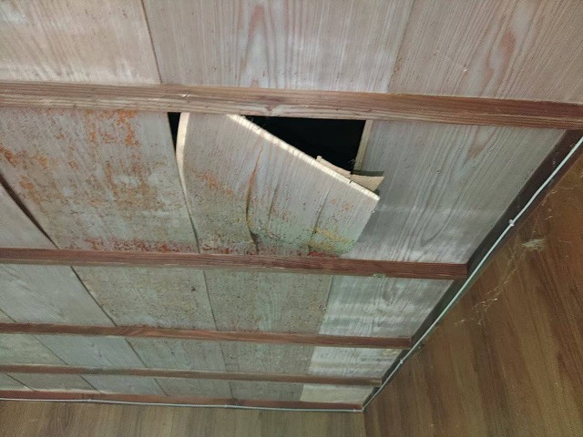 天井の木材が外れてしまっている