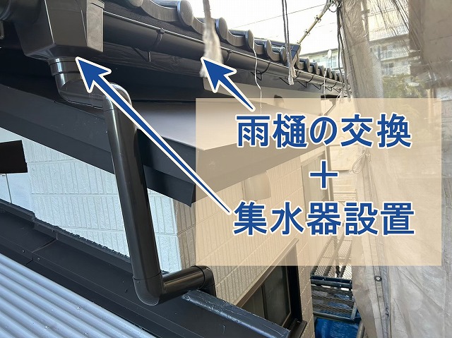 新しく設置した雨樋と集水器の様子