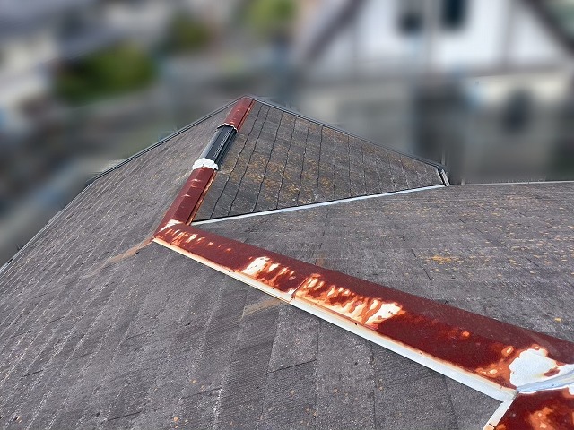 棟板金の錆が全体的に広がっている