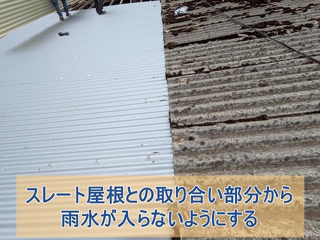 スレート屋根部分との取り合い部分から雨水が入り込まないようにする