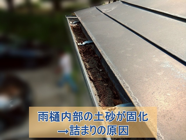 雨樋内部の土砂が固化したものが詰まっている様子