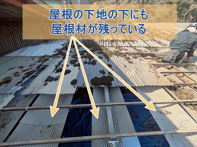 屋根の下地の下にも屋根材が残っている