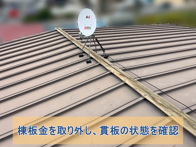 棟板金を取り外し、貫板の状態を確認した