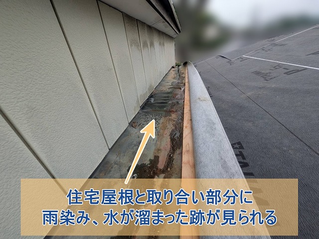物置外壁と屋根の取り合いに水が溜まっていた