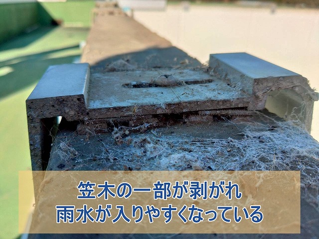 笠木一部が剥がれ、雨水が入りやすくなっている