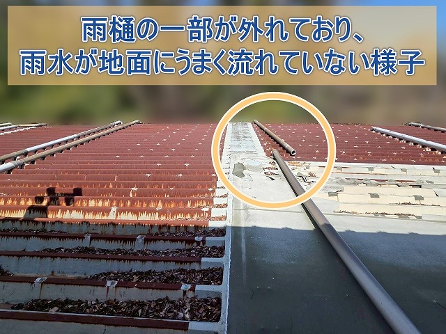 雨樋の一部が外れており雨水が地面にうまく流れていない状態